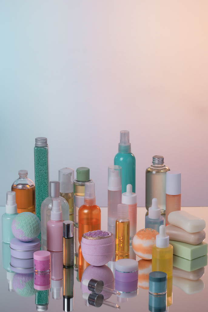 Beauty and Skincare Products on Pastel Background